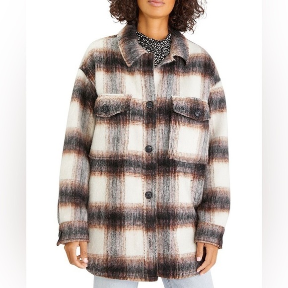 NWT Sanctuary Jacket Medium Town Flannel Shacket Plaid Pink Brown Oversized - Picture 7 of 16